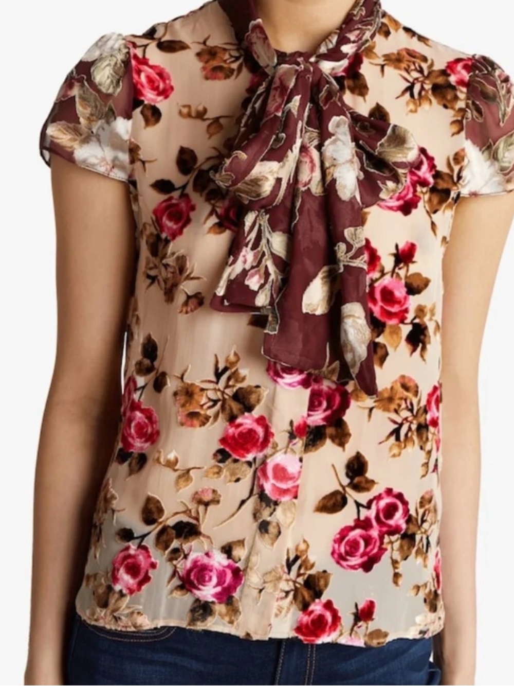 Alice and Olivia Jeannie Bow Collar Blouse Silk Blend Tie Scarf Cap Sleeve S